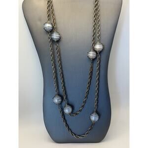 Vintage 60” Blue Opaline Art Glass Station Spiral Wrapped Necklace